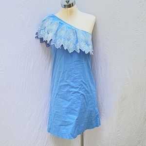 Lovely ladies one shoulder dress, light blue, eyelet, MudPie sz S (4-6)